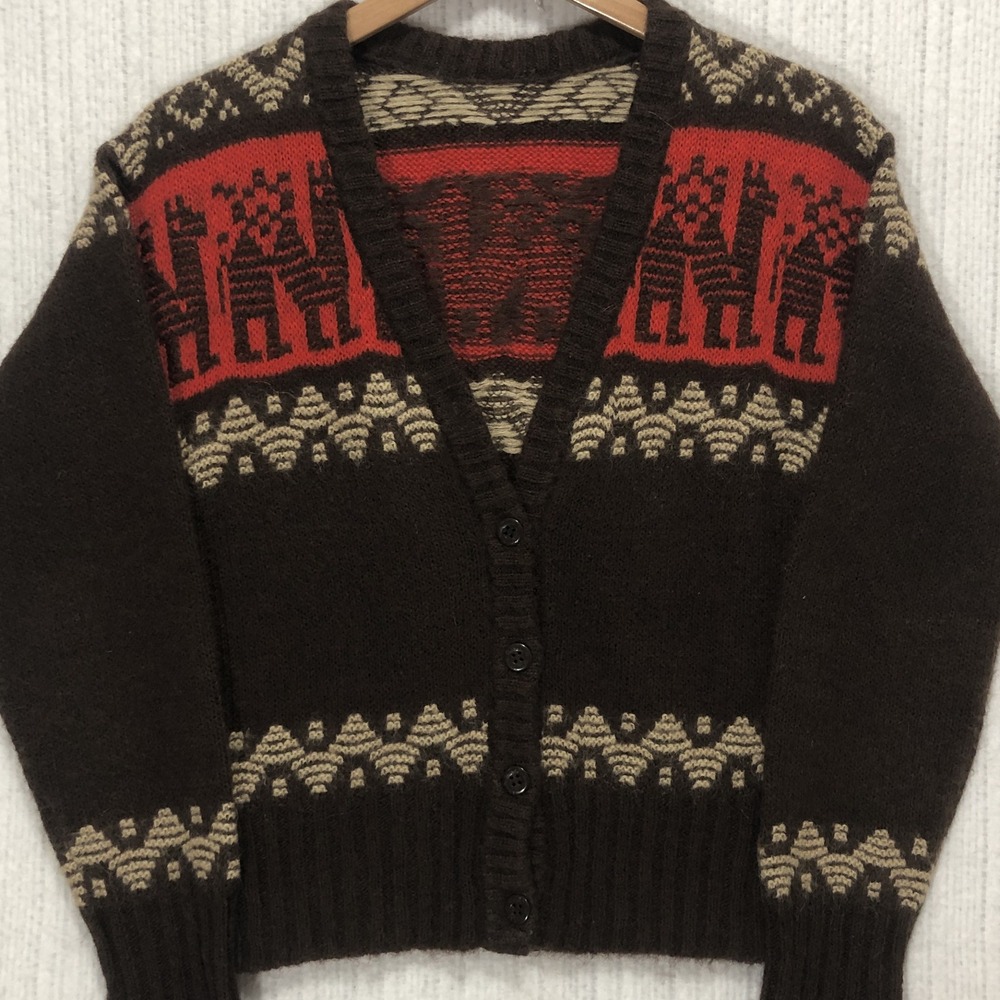 Vintage Hand Knit Llama Wool Cardigan Sweater Brown Red Andean Boho Small